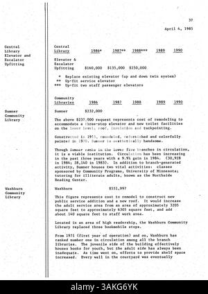 Procès-verbal des réunions de 1985 du conseil d'administration de la Bibliothèque publique de Minneapolis, détaillant les décisions clés sur les services, les opérations et la gouvernance de la bibliothèque. Banque D'Images