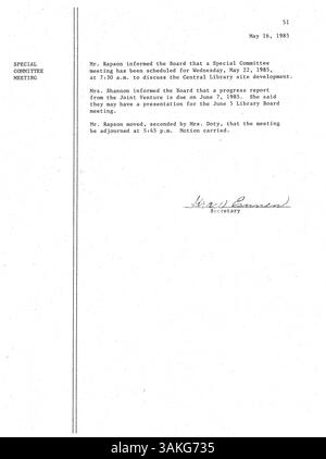 Ce document contient les procès-verbaux des réunions de 1985 du conseil d'administration de la Bibliothèque publique de Minneapolis, détaillant les décisions relatives aux opérations, à la gouvernance et à l'engagement communautaire de la bibliothèque. Banque D'Images