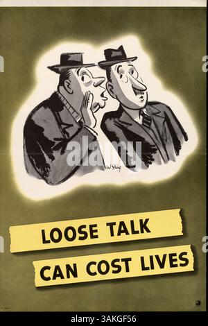 Cette image illustre le danger d'une conversation imprudente, avec un homme chuchotant à un autre. Il favorise la vigilance contre l'espionnage avec un symbole stylisé 'a' pour les remplacements Banque D'Images