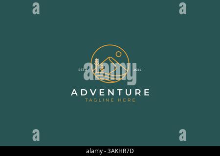 Scenic Mountain River badge logo Sun Tree Circle pour la mode nature Adventure Illustration de Vecteur