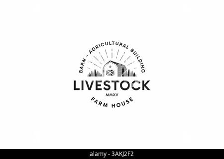 Bétail logo Barn Farm House Forest rural Countryside Silhouette Village Building illustration abstraite badge Illustration de Vecteur