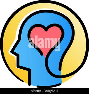Icône représentant une tête avec un cerveau en forme de cœur, symbolisant l’intelligence émotionnelle, l’amour et le bien-être mental pour les thèmes de la psychologie et du bien-être. Illustration de Vecteur