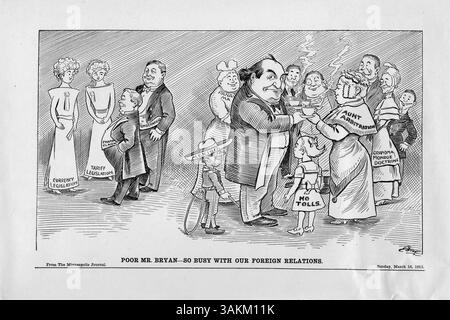 Caricature politique représentant William Jennings Bryan submergé par les questions de politique étrangère, entouré de dignitaires étrangers alors que les préoccupations intérieures sont ignorées. Banque D'Images