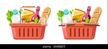 Panier rouge plein rempli de divers produits alimentaires. Dessin animé design plat concept d'épicerie Illustration de Vecteur