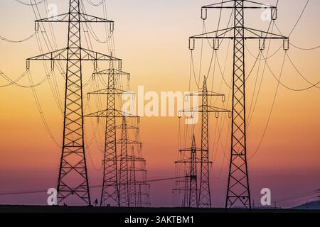 Pylônes haute tension, lignes électriques aériennes au coucher du soleil. Schwieberdingen, Bade-Wuertemberg, Allemagne, Europe Banque D'Images