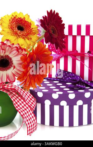 Beau bouquet Gerber coloré avec ruban damier et cadeaux Banque D'Images