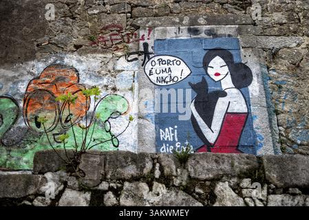 Peinture de façade, graffiti sur un mur de maison dans le centre historique, ville de Porto, Portugal, Europe Banque D'Images