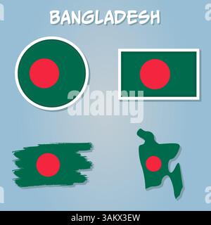 Ensemble de vecteurs Bangladesh, forme détaillée du pays avec les frontières de région, les drapeaux et les icônes Illustration de Vecteur