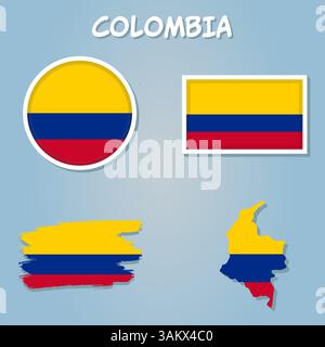 Ensemble de vecteurs Colombie, forme détaillée du pays avec les frontières de région, les drapeaux et les icônes Illustration de Vecteur