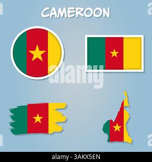 Ensemble de vecteurs Cameroun. Forme de pays détaillée avec bordures de région, drapeaux et icônes Illustration de Vecteur