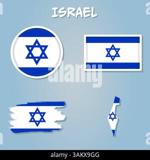 Ensemble de vecteurs Israël, forme détaillée du pays avec les frontières de région, drapeaux et icônes isolés Illustration de Vecteur