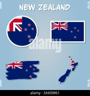 Jeu de vecteurs Nouvelle-Zélande. Forme détaillée du pays avec des bordures de région, des drapeaux et des icônes isolés Illustration de Vecteur