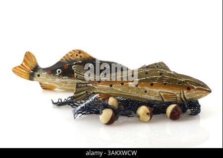 Poissons en bois et filet isolés sur blanc Banque D'Images