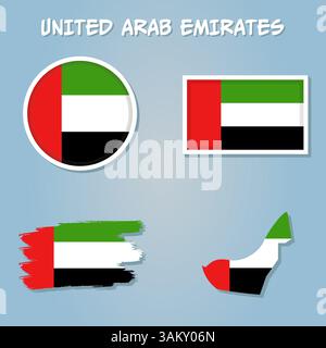 Carte politique très détaillée des Émirats arabes Unis avec drapeau national isolé sur fond bleu Illustration de Vecteur