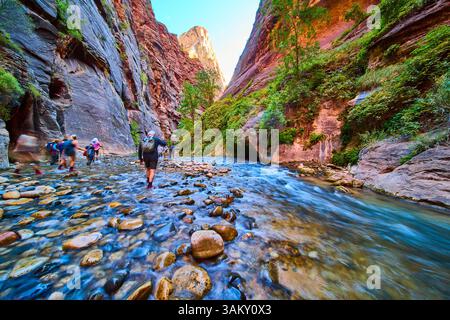 Randonneurs naviguant sur Riverbed dans Zion Canyon Motion perspective Banque D'Images