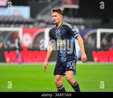 Queens, États-Unis. 12 avril 2025. Bruno Damiani (20 ans) samedi soir à New York. Le New York City FC accueille Philadelphia Union au Citi Field le 12 avril 2025 et remporte le match 1-0, remportant une série de trois matchs sans victoire. (Photo de Jess Stiles/Sipa USA) crédit : Sipa USA/Alamy Live News Banque D'Images