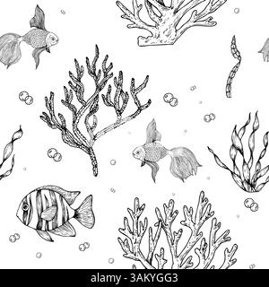 Vecteur modèle sans couture avec des algues, corail. Hippocampe et poissons tropicaux. Ligne peinte à la main algue, laminaire. Clip art rock graphique isolé sur Illustration de Vecteur