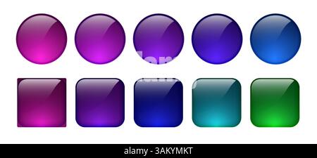 Ensemble de boutons dégradés brillants dans des formes rondes et carrées avec des couleurs violettes, bleues, sarcelle et vertes avec un style glassmorphisme moderne, idéal pour l'interface utilisateur Illustration de Vecteur