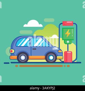 Illustration d'icône de vecteur de dessin animé de voiture. Concept d'icône de charge de voiture électrique vecteur Premium isolé. Style dessin animé plat. Illustration de Vecteur