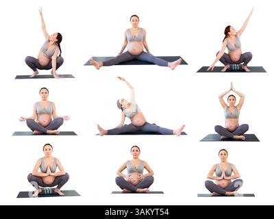 La femme enceinte est engagée dans le yoga. Pose facile ou Sukhasana Banque D'Images