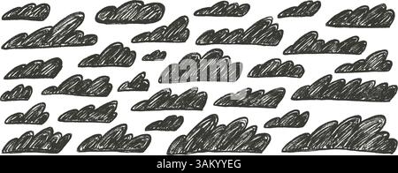 Ensemble nuages charbon. Pack ciel naïf dessiné à la main. Éléments météorologiques texturés craie pour enfants. Bulle de nuages de gribouillage pastel. bulles. Crayon de cire vectoriel dessiné Illustration de Vecteur