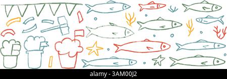 Jeu de griffonnages de ligne de crayon de poissons. Festival Santos Populares. Sardines dessinées à la main, marteau, confettis. Poisson avec guirlandes, manjerico, éléments de fête. Vecto Illustration de Vecteur