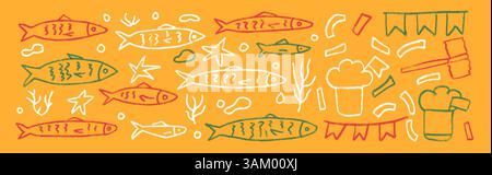 Jeu de griffes à la craie pour poissons. Festival Santos Populares. Sardines et guirlandes dessinées à la main. Algues, manjerico, éléments du parti. Illustration vectorielle. Cray Illustration de Vecteur