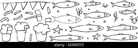 Santos populares festival éléments monochromes. Manjerico, marteau et guirlande avec sardines dessinées à la main set. Jeu de griffonnages de ligne de poissons. Illustration vectorielle Illustration de Vecteur