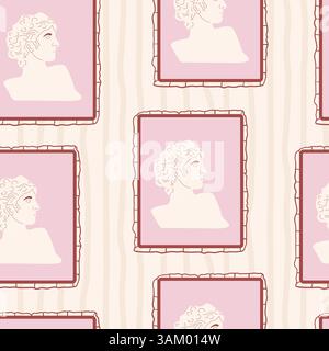 Statues grecques portrait sans couture motif. Sculpture antique de visage romain sur le cadre rétro sans fin aop fond. Design de motif de surface rococo vintage anc Illustration de Vecteur