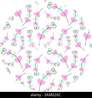 Branches de forme de coeur à main levée sur des coeurs roses et verts Circular Springtime fond idée de modèle. Illustration vectorielle isolée carte saisonnière thématique, affiche ou bannière promotionnelle web, dépliant, étiquette de prix Illustration de Vecteur