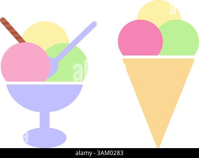 Diverses cuillères à crème glacée dans un bol et cône de crème glacée autocollant icône minimaliste ensemble d'idées de conception. Illustration vectorielle isolée World Ice Cream Day cartes thématiques logo, image de marque, annonces, prix, étiquettes Illustration de Vecteur
