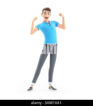 3d homme fléchissant les muscles du bras, illustration isolée sur fond blanc Banque D'Images