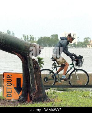 5 septembre 2004 - États-Unis - PAS DE MAGS, PAS DE VENTES JUSQU'au 19 SEPTEMBRE 2004 -- KRT US NEWS STORY SLUGGED : WEA-FRANCES KRT PHOTOGRAPHIE PAR SCOTT FISHER/SOUTH FLORIDA SUN-SENTINEL (MIAMI OUT) (5 septembre) WEST PALM BEACH, FL -- Un cycliste pédalant devant un palmier brisé et déplacé le panneau routier le dimanche 5 septembre 2004, après que l'ouragan Frances a frappé le West Palm Beach, Floride, front de mer. (MvW) 2004 (crédit image : © Scott Fisher/mct/ZUMAPRESS.com) Banque D'Images