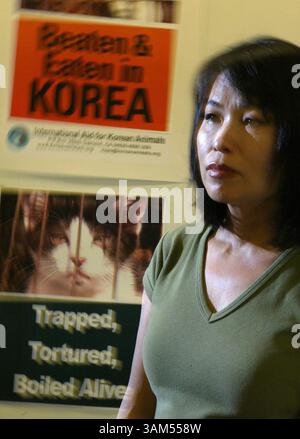 10 novembre 2004 - États-Unis - KRT US NEWS STORY SLUGGED : PETACTIVIST KRT PHOTO PAR SUSANNA FROHMAN/SAN JOSE MERCURY NEWS (11 novembre) Kyenan Kum, montrée dans son bureau d'Oakland, Californie, le 5 novembre 2004, est la fondatrice de l'aide internationale pour les animaux coréens. (gsb) 2004 (crédit image : © Susanna Frohman/mct/ZUMAPRESS.com) Banque D'Images