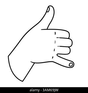 Appelle-moi dessin de signe de main. Geste du pouce et du doigt de pinkie imitant le téléphone. Illustration vectorielle de contour noir et blanc. Illustration de Vecteur