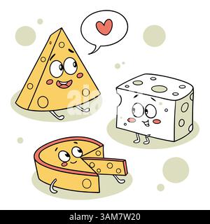Personnages mignons de fromage de dessin animé avec des expressions et des poses drôles Illustration de Vecteur