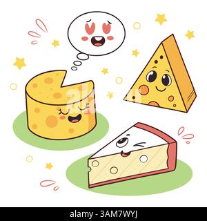 Personnages mignons de fromage de dessin animé avec des expressions et des poses drôles Illustration de Vecteur