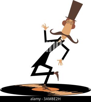 Enregistrement longue durée. Homme de dessin animé dansant dans le chapeau haut de gamme. Homme de dessin animé dans le top dansant sur le long disque de jeu. Fond blanc Illustration de Vecteur