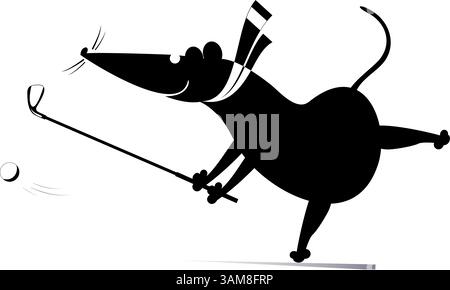 Le rat ou la souris de dessin animé joue au golf. Drôle de rat ou de souris essaie de faire un bon tir. Illustration en noir et blanc Illustration de Vecteur