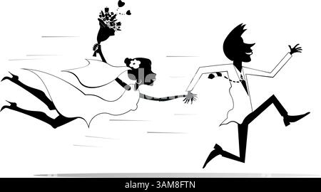 Couple marié courant se tenant par la main. Personnages Happy Lovers. Joyeux marié courant tenant la main de mariée volante. Noir et blanc Illustration de Vecteur