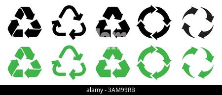 Mise en place des affiches de recyclage. collecte des symboles de recyclage. recyclez les icônes vectorielles noires dans une rangée, isolées sur fond blanc. Illustration des affiches recyclées Illustration de Vecteur