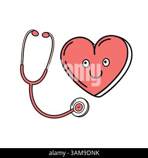 Cœur heureux avec illustration de bande dessinée stéthoscope Illustration de Vecteur