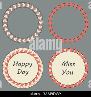 Ensemble de cadres Love concept. Carte de voeux en forme de coeur, contour ou bordure de cercle rempli, style graphique décoratif. Miss You, texte Happy Day. Noir rouge Illustration de Vecteur
