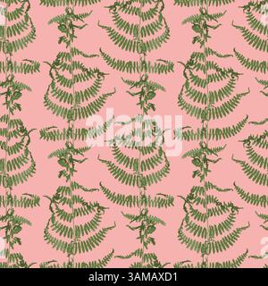 Modèle sans couture avec des feuilles de fougère vertes séchées sur fond rose. Papier peint de plante de forêt sauvage. Texture botanique boho. Illustration de Vecteur