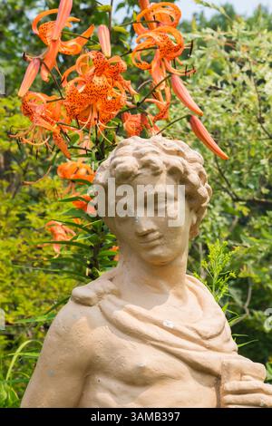 Statue de style grec-romain et Lilium lancifolium - Lily tigre dans le jardin de l'arrière-cour en été. Banque D'Images
