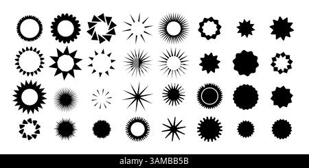 Jeu d'autocollants cercles. Badges noirs promotionnels Wavy Edge. Étiquettes en forme d'éclat d'étoile pour le prix. Autocollants vierges. Silhouette simple. Étiquettes vintage plates Illustration de Vecteur