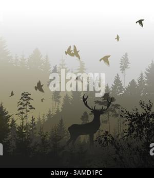 Cerf dans une forêt brumeuse. dessin à la main. Illustration vectorielle non IA Illustration de Vecteur