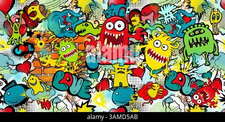 Fond sans couture coloré avec des monstres drôles. dessin à la main. Pas ai, illustration vectorielle Illustration de Vecteur