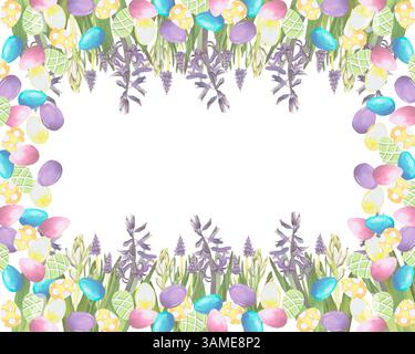 Cadre avec oeufs de Pâques et fleurs de jacinthes illustration aquarelle isolée sur blanc. Fleurs de printemps et œufs dessinés à la main dans des couleurs pastel pour Pâques Banque D'Images