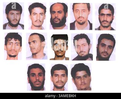 12 février 2002 - États-Unis - KRT US NEWS STORY SLUGGED : ATTACKS KRT PHOTO VIA le FBI (12 février) WASHINGTON, DC -- le FBI a publié ces photos pour les personnes qu'ils recherchent des informations et des identités. Le FBI les a identifiés comme : rangée supérieure à gauche, Fawaz Yahya Al-Rabeei, Al-Sayfi, Al-Maktawi, Al-Sabri, Ammar Al-Wa'eli ; deuxième rangée à partir de la gauche, Al-Hubishi, Al-Ansari, Bin Otash, Al-Nahdi, Al-Sharari ; troisième rangée à partir de la gauche, Alyan Al-Wa'eli, Albidani et Al-Makhlafi. (KRT) NC KD BL 2002 (Horiz) (gsb) (crédit image : © PHOTOGNOSOURCE/mct/ZUMAPRESS.com) Banque D'Images